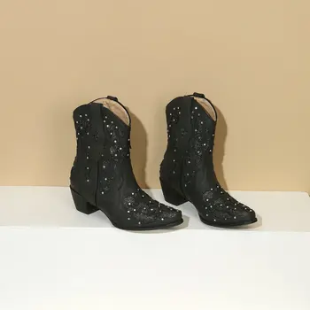 Женские черные ботинки-ковбойки, Ботильоны, обувь со стразами, Блестящие туфли в готическом стиле, ковбойские сапоги с острым носком на массивном каблуке с вышивкой - Изображение 2  