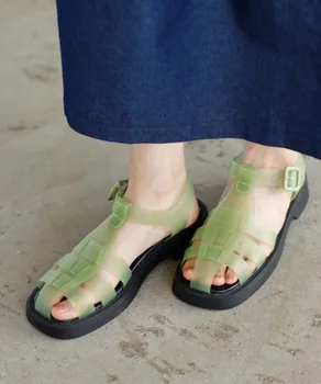 Женская обувь Baotou с пряжкой на щиколотке, вязаные сандалии с вырезами, летние босоножки-кладиаторы 2024, zapatos mujer, японская желейная женская обувь - Изображение 2  