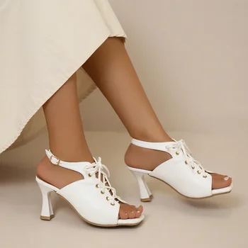 Пикантные босоножки на шнуровке, новые женские туфли-лодочки на высоком каблуке, женская обувь с квадратным носком, модные вечерние туфли для женщин Zapatos Mujer - Изображение 2  