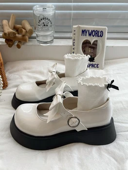 Женская обувь, женские домашние тапочки на платформе с бабочкой-узлом, 2023, для девочек, на плоской подошве, из искусственной ретро-резины, базовая модель Mary Janes с бабочкой-узлом - Изображение 2  