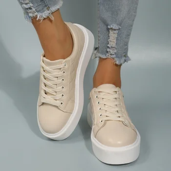 Новые женские кроссовки 2023 года, модные однотонные туфли на платформе со шнуровкой, женские простые кожаные кроссовки для прогулок на открытом воздухе. - Изображение 2  