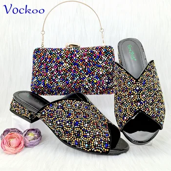 Комплект женской обуви и сумки в нигерийском стиле в нейтральном для вина стиле с украшением в виде кристаллов на удобных квадратных каблуках для свадебной вечеринки - Изображение 2  