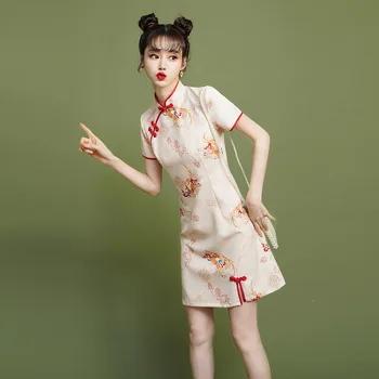 Осеннее Китайское платье Чонсам 2024, Женское хлопчатобумажное Короткое платье с ручной пуговицей, элегантные платья с вышивкой Ципао - Изображение 2  
