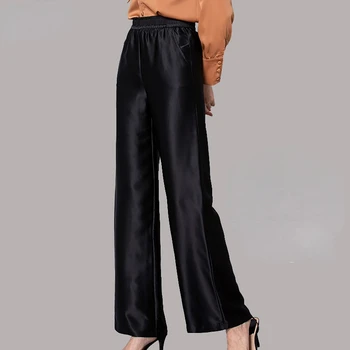 Женские шелковые брюки, женские весенне-летние модные широкие брюки из шелка тутового цвета с высокой талией, Свободные повседневные прямые черные брюки - Изображение 2  