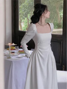 Осеннее элегантное однотонное платье Женское с длинным рукавом и квадратным воротником Франция Винтажное платье трапециевидной формы для похудения талии Vestidos Robe Mujer - Изображение 2  
