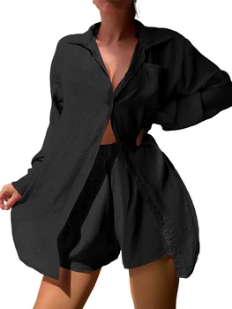 Женская летняя одежда из 2 предметов, однотонные рубашки с отложным воротником, длинными рукавами и шорты с эластичной резинкой на талии, комплект для пляжного отдыха - Изображение 2  