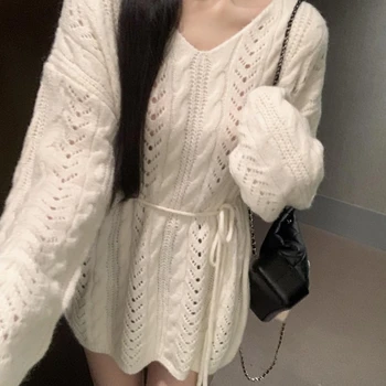 Зимний теплый винтажный вязаный пуловер, женский Свободный Ретро-сладкий свитер, женский повседневный Корейский модный дизайнерский Теплый пуловер, милый - Изображение 2  