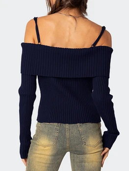 Женские осенние топы из тонкого трикотажа, однотонные свитера с открытыми плечами и длинным рукавом, трикотаж - Изображение 2  