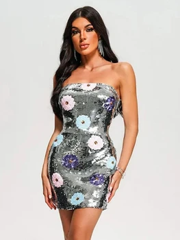 Сексуальное мини-платье без бретелек с цветочными пайетками, женское облегающее платье с пайетками, вечерние клубные платья знаменитостей - Изображение 2  