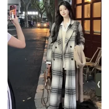 Зимний Модный темпераментный костюм в корейском стиле, свободный костюм в клетку, двустороннее шерстяное пальто, Повседневная куртка в клетку средней длины - Изображение 2  