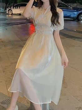 Jielur Летнее новое однотонное тонкое женское платье, милое Элегантное шифоновое платье, женское шикарное бело-розовое платье с пышными рукавами, женское - Изображение 2  