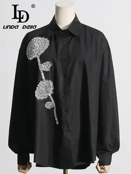 LD LINDA DELLA 2024 Осенняя мода, Повседневный кардиган для подиума, Женский Черный однобортный дизайнерский халат с бусинами для ногтей, Свободная рубашка - Изображение 2  