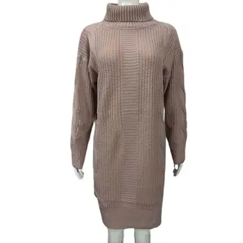 Вязаное платье, уютное вязаное платье с высоким воротом, Женский Осенне-зимний пуловер с длинными рукавами, свитер, Однотонный утолщенный Теплый - Изображение 2  