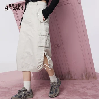 ELFSACK, серые юбки-карго, женские, весна 2023, с высокой талией, средней длины, прямой низ - Изображение 2  