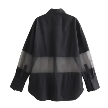 TRAF 2023, Черная рубашка из органзы, Женские рубашки оверсайз на пуговицах, Женские полупрозрачные блузки с длинным рукавом Для женщин, Свободные блузки - Изображение 2  