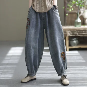 Ретро Эластичные джинсы-шаровары с высокой талией, женские прямые широкие брюки, женские повседневные Свободные джинсы-бойфренды, джинсовые брюки 3XL C506 - Изображение 2  