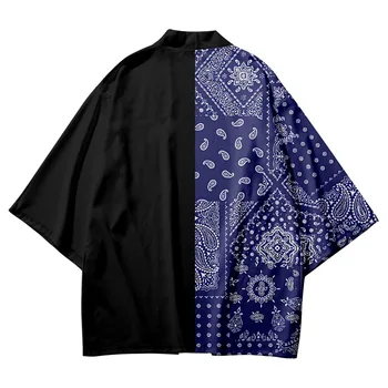Модные Японские Черно-синие рубашки с принтом цветов Кешью, традиционное Кимоно Для мужчин и женщин, кардиган Юката, одежда Хаори для косплея - Изображение 2  