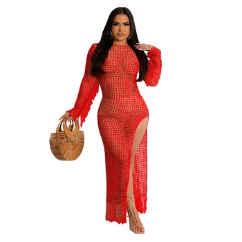 2023 Новое пляжное платье Макси с вырезами, связанное крючком, Сексуальные женские купальники с высоким разрезом и длинным рукавом, купальный костюм, накидки - Изображение 2  