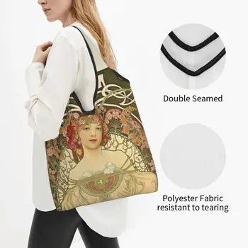 Большие многоразовые продуктовые сумки Alphonse Mucha Art, перерабатываемые Складные винтажные красивые женские эко-сумки для покупок, которые можно стирать, помещаются в карман - Изображение 2  