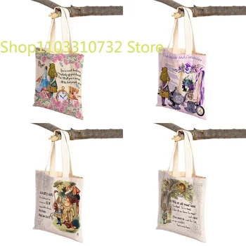 Модная сумка для покупок в Стране чудес для девочки, многоразовая повседневная детская холщовая сумка-тоут с двусторонним принтом - Изображение 2  