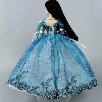 Синее свадебное платье ручной работы для куклы Барби, наряды, вечернее платье принцессы с пышными рукавами и бантом, аксессуары для кукол, игрушки - Изображение 2  