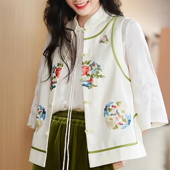 Высококачественный весенне-летний жилет в китайском стиле с цветочной вышивкой в стиле ретро, элегантный женский жилет, размеры S-XXL - Изображение 2  