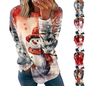 Женские топы с круглым вырезом, Хлопковая женская повседневная блузка с рождественским принтом, пуловер с круглым вырезом и длинным рукавом - Изображение 2  