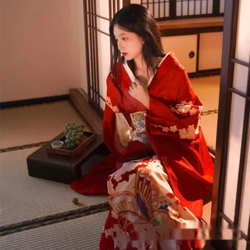 Кимоно женское вечернее платье традиционное модифицированное красное японское кимоно девушки Кадзуки в стиле ретро - Изображение 2  