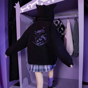 Sanrio Kuromi Свитер с капюшоном с вышивкой из аниме и мультфильма Каваи Y2K Осень-зима Плюс бархатное утолщенное Женское свободное пальто на молнии В подарок - Изображение 2  