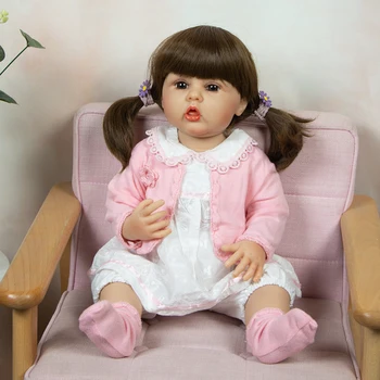 Кукла Реборн с виниловым корпусом 55 см, уже готовая раскрашенная кукла Bebe Reborn для девочек-малышей с розовой шерстью и отросшими волосами для девочек - Изображение 2  