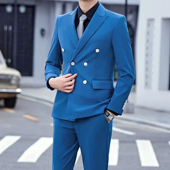 Высококачественный двубортный костюм 2023 года (костюм + брюки) Новый мужской модный Красивый трендовый деловой повседневный свадебный комплект из двух предметов - Изображение 2  