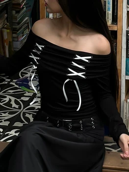 Женская элегантная футболка с длинным рукавом и открытыми плечами контрастного цвета, укороченный топ на завязках Y2K Slim Fit, летняя клубная одежда - Изображение 2  