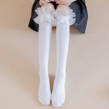 Модные повседневные носки с высокой талией Черные Двойные кружевные носки для икр 