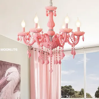 Европейская розовая хрустальная люстра, теплые подвесные светильники для гостиной и спальни, декоративная люстра в виде свечей цвета миндального ореха - Изображение 2  