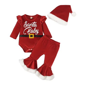 Рождественская одежда Listenwind для маленьких девочек, комбинезон с длинными рукавами, расклешенные штаны, комплект шляп, костюм Санты для новорожденных от 0 до 18 месяцев - Изображение 2  