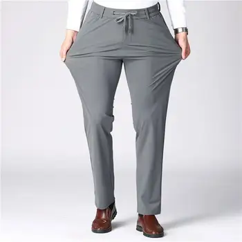 Мужские деловые брюки из летнего тонкого молочного шелка, Длинные брюки с прямыми штанинами, мужские костюмные брюки, Эластичные повседневные брюки, мужские брюки - Изображение 2  