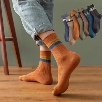 Высококачественная хлопковая пара полосатых весенних мужских повседневных носков в стиле ретро 10 в стиле Харадзюку для мужчин - Изображение 2  