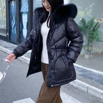Зимняя пуховая куртка с воротником из натурального меха, женское пальто на белом утином пуху, плотная теплая однотонная модная повседневная верхняя одежда с высокой талией - Изображение 1  