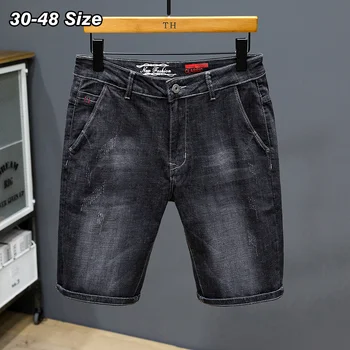 Большие размеры 42 44 46 48, летние мужские черные джинсовые шорты, обычные прямые эластичные короткие джинсы, модная повседневная одежда - Изображение 1  