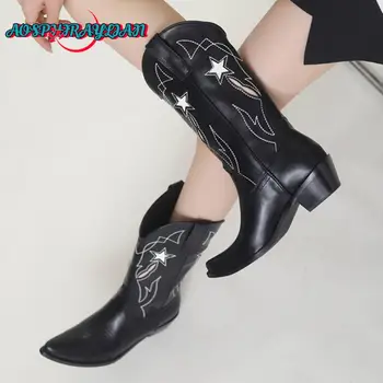 Женские ретро-ботинки в стиле Вестерн с цветочным ковбойским узором 2023, Винтажная Женская ковбойская обувь, сапоги - Изображение 1  
