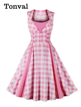 Розовое платье в клетку с пуговицами Tonval спереди и высокой талией, одежда для рождественской вечеринки, женское винтажное платье без рукавов в стиле рокабилли - Изображение 1  