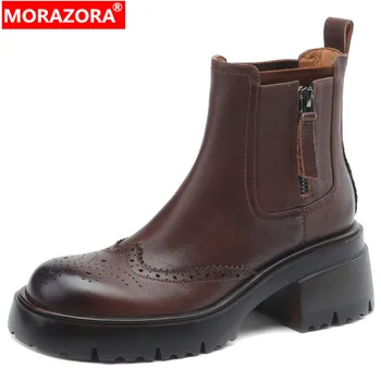 MORAZORA 2023, Новые зимние женские ботинки из натуральной кожи на молнии, женские ботильоны на платформе с круглым носком, ботинки на высоком квадратном каблуке в стиле ретро - Изображение 1  