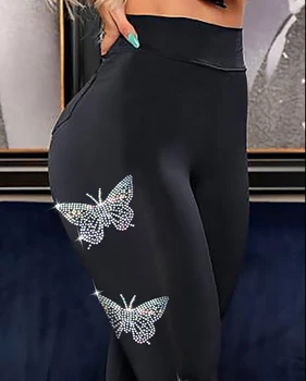 Женские сексуальные брюки 2023, Новинка сезона Весна-лето, модные однотонные леггинсы со стразами и бабочками, леггинсы с высокой талией, брюки для вечеринок - Изображение 1  