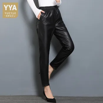 Весенние женские брюки-карандаш с эластичной резинкой на талии из натуральной кожи Офисные женские черные брюки из овчины Приталенного кроя Прямые брюки с высокой талией - Изображение 1  