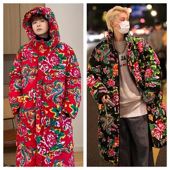 Зимняя мода, Новый мужской китайский стиль, Северо-Восточный тренд Больших цветов, Длинная повседневная хлопковая куртка, Теплая хлопковая куртка с капюшоном, пальто с капюшоном - Изображение 1  