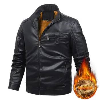 Новая куртка из искусственной кожи, мужской флисовый теплый однотонный мотоциклетный костюм с капюшоном, летный костюм, зимняя модная мужская одежда veste - Изображение 1  