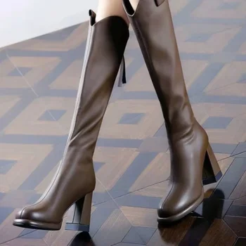 2024 Женские длинные кожаные ботинки Полностью водонепроницаемые противоскользящие женские бархатные ботинки Челси на высоком каблуке с застежкой-молнией сзади из натуральной кожи - Изображение 1  