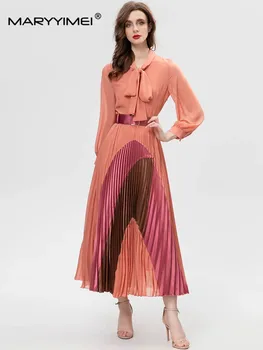 MARYYIMEI Новая Модная Дизайнерская женская одежда для подиума, элегантный Темперамент, воротник-стойка, бант, Рубашка с длинным рукавом и высокой талией, плиссированное платье - Изображение 1  