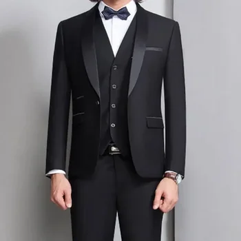 Модный черный костюм для мужчин, приталенный, однобортный, с отворотом в виде шали, удобный праздничный пиджак из 3 предметов, Брюки, жилет, Свадебный мужской блейзер - Изображение 1  