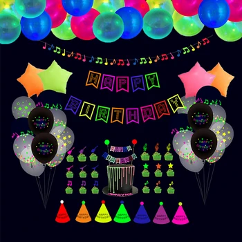 Неоновый воздушный шар, флуоресцентный баннер, BlackLight, Реактивный Топпер для торта, Музыкальная нота, Звезды, Гирлянды, Шляпы, Светящийся Набор декора для вечеринки по случаю Дня рождения - Изображение 1  